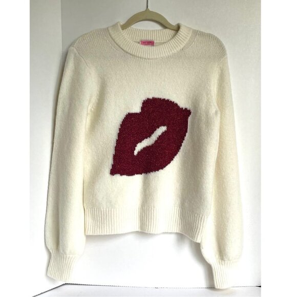 Kate Spade Cashmere Wool Sweater Womens large Ivory Sparkle Kiss Red Lip - Picture 3 of 8